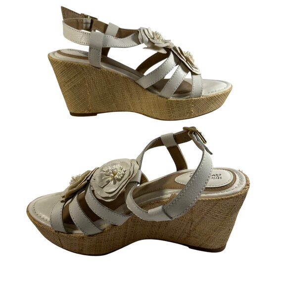 Strictly Comfort Womens 7.5 White Leather Platform Wedge Heels Peep Toe Sandals - Picture 3 of 6